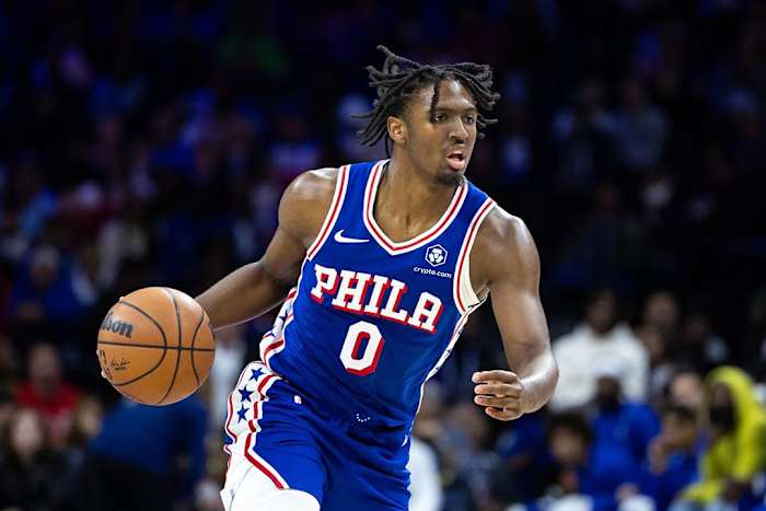 Philadelphia 76ers guard Tyrese Maxey dribbles against the Portland Trail Blazers